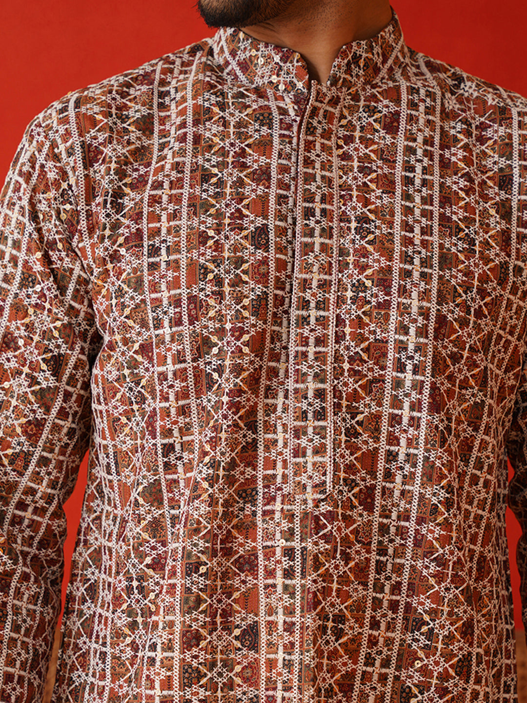 Embroidered & Printed Kurta Set For Men ( JJOKP P 5124Brown )
