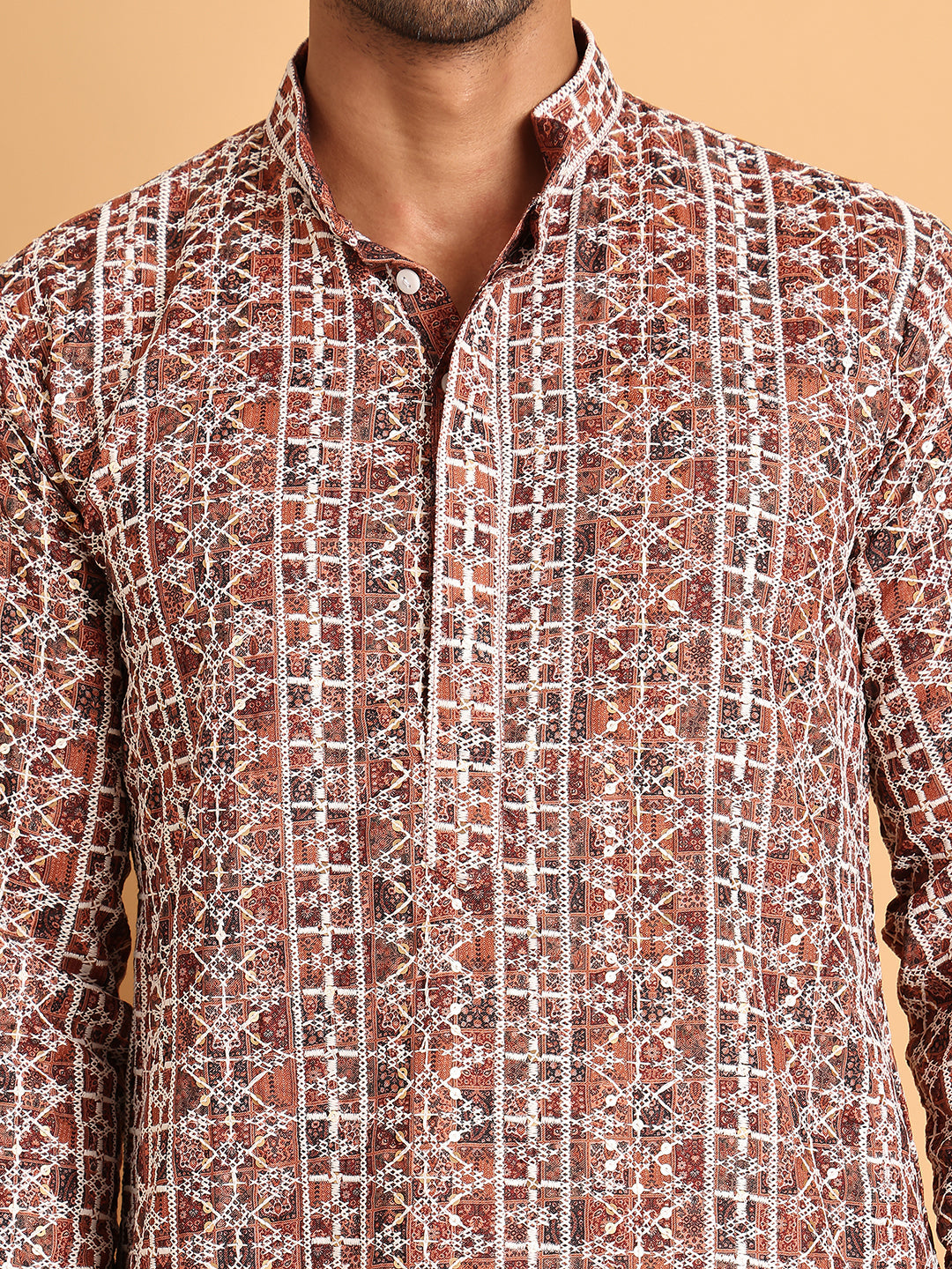 Embroidered & Printed Kurta Set For Men ( JOKP P 5124Brown )