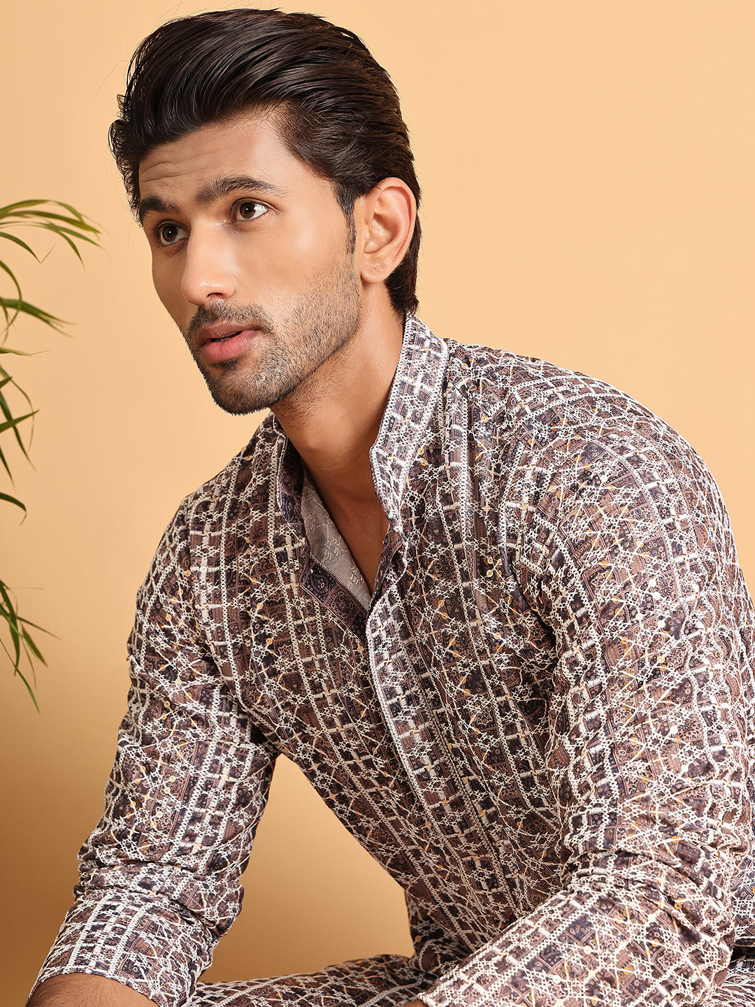 Embroidered & Printed Kurta Set For Men ( JOKP P 5124Coffee )