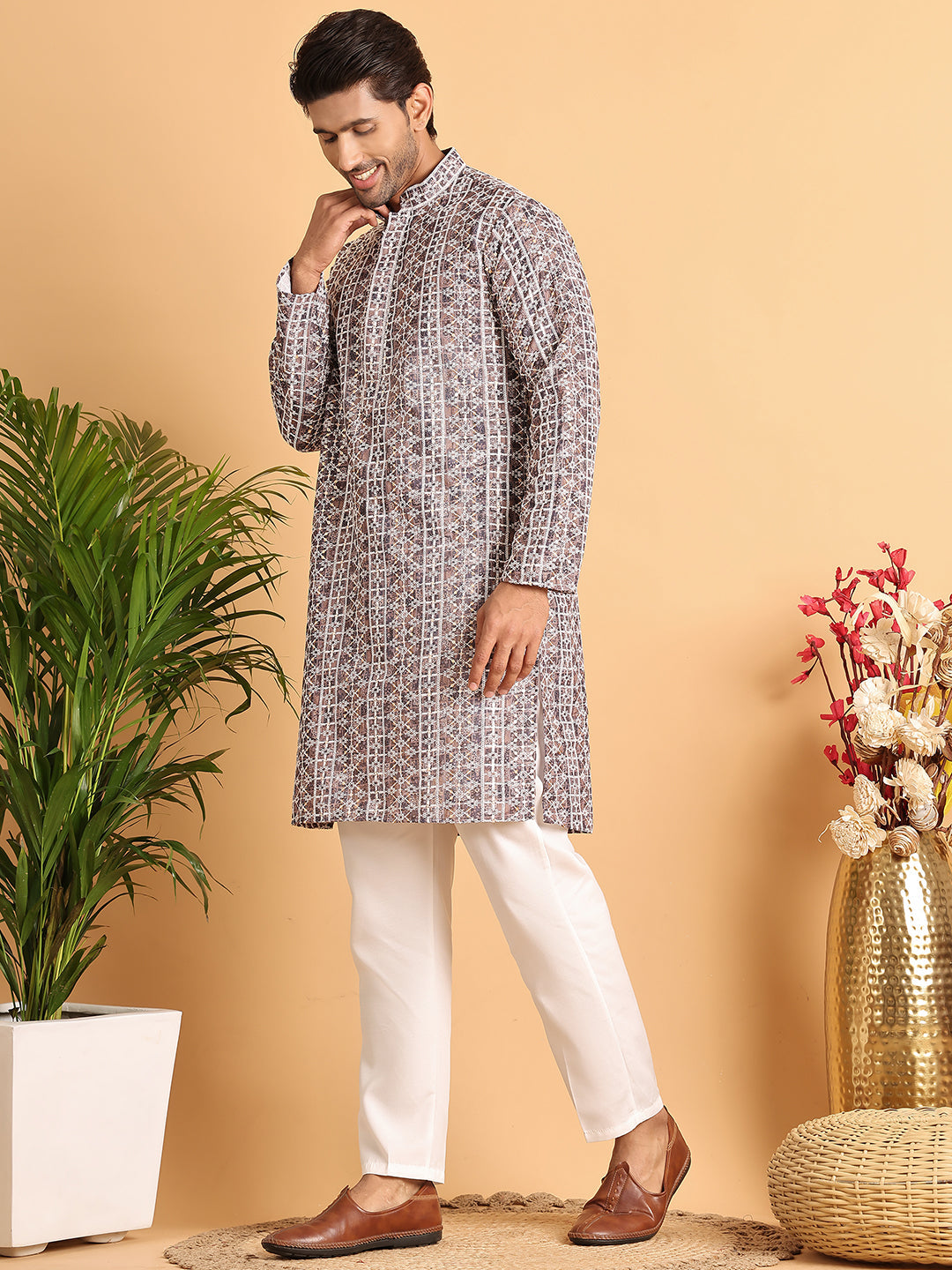 Embroidered & Printed Kurta Set For Men ( JOKP P 5124Coffee )