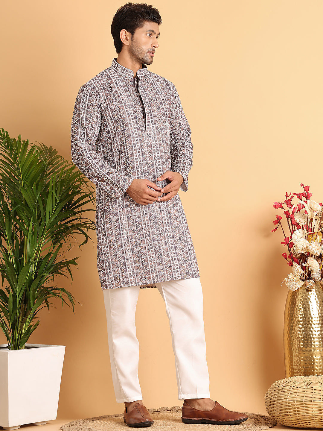 Embroidered & Printed Kurta Set For Men ( JOKP P 5124Coffee )