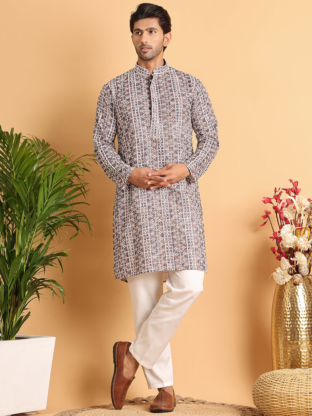 Embroidered & Printed Kurta Set For Men ( JOKP P 5124Coffee )