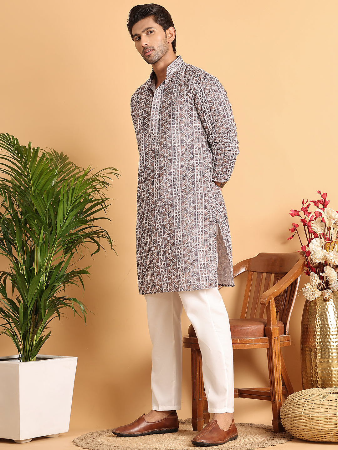 Embroidered & Printed Kurta Set For Men ( JOKP P 5124Coffee )