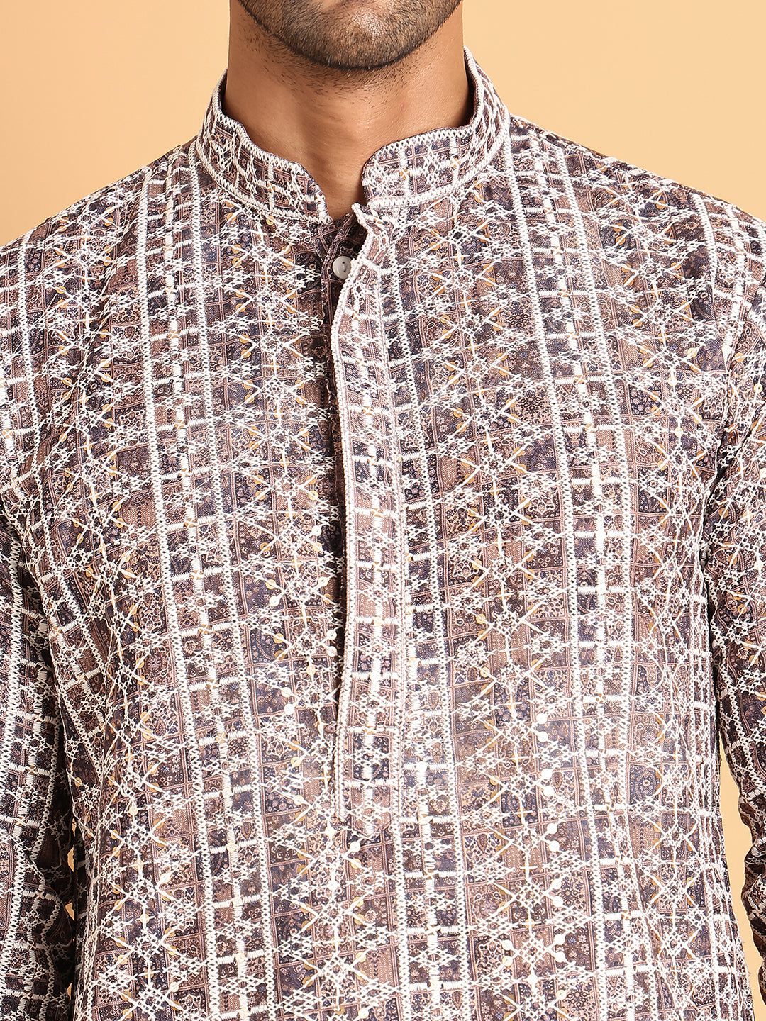 Embroidered & Printed Kurta Set For Men ( JOKP P 5124Coffee )