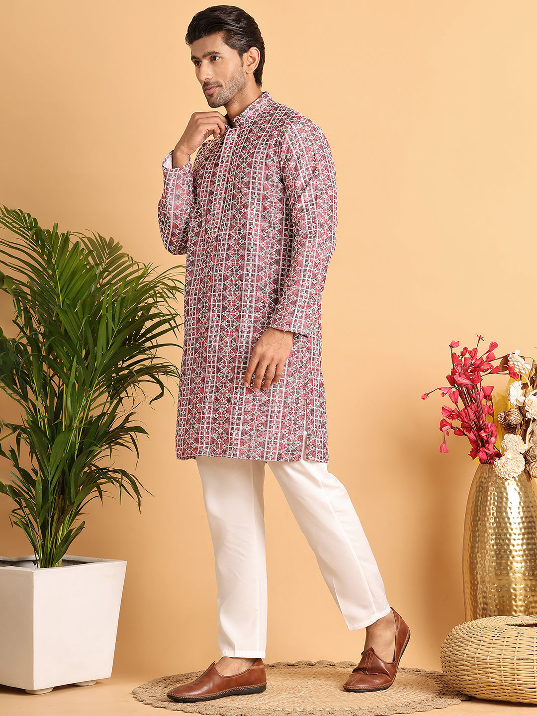 Embroidered & Printed Kurta Set For Men ( JOKP P 5124Maroon )