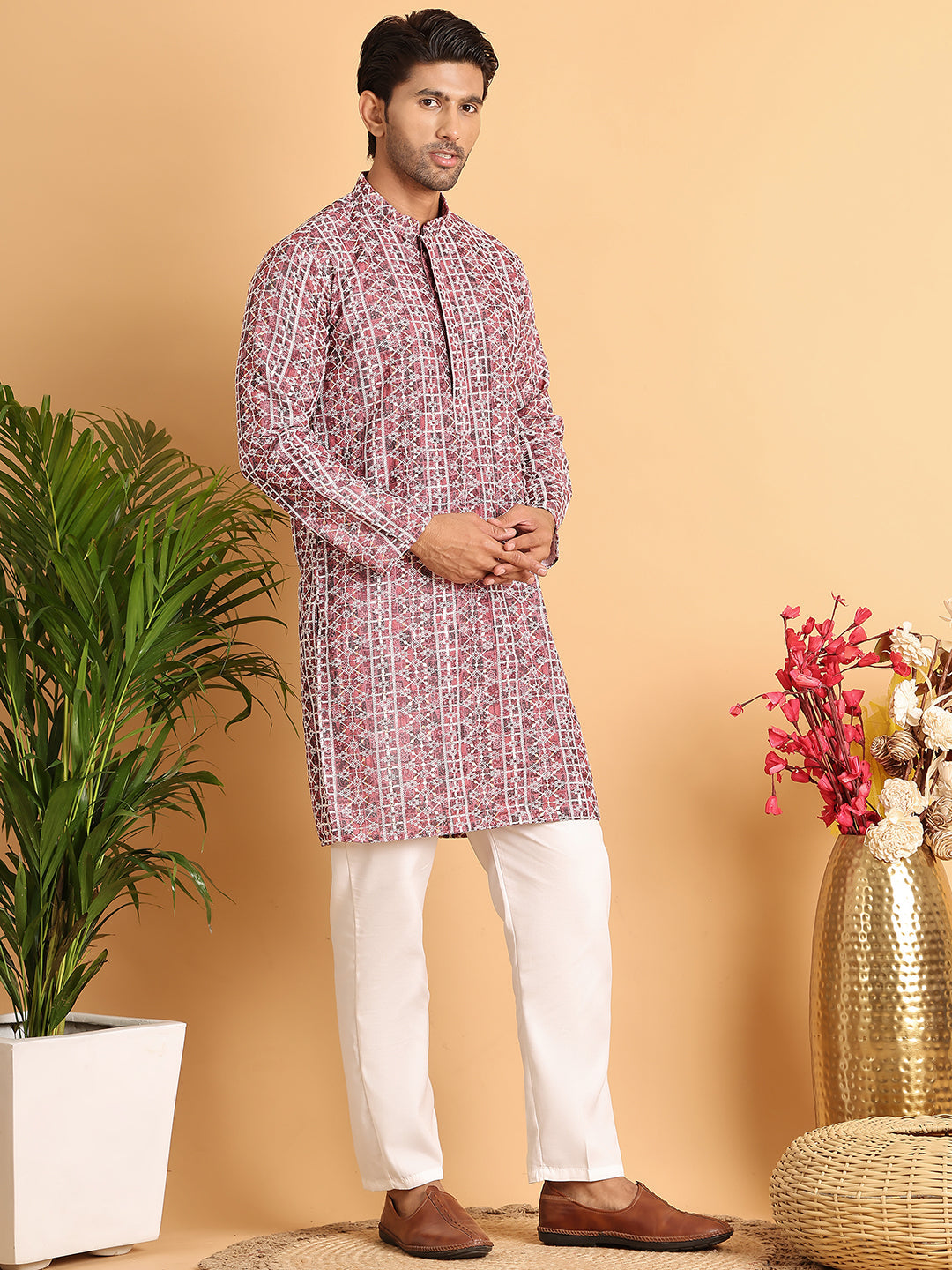Embroidered & Printed Kurta Set For Men ( JOKP P 5124Maroon )