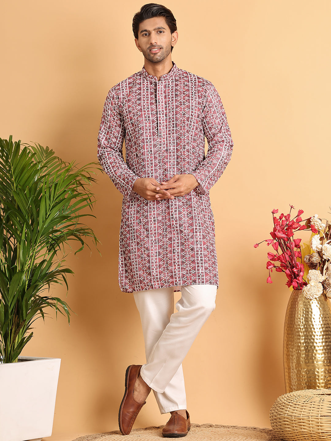 Embroidered & Printed Kurta Set For Men ( JOKP P 5124Maroon )