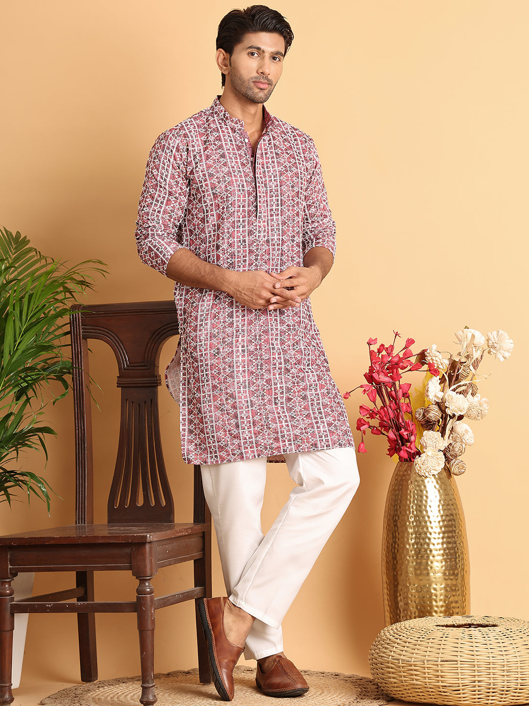 Embroidered & Printed Kurta Set For Men ( JOKP P 5124Maroon )