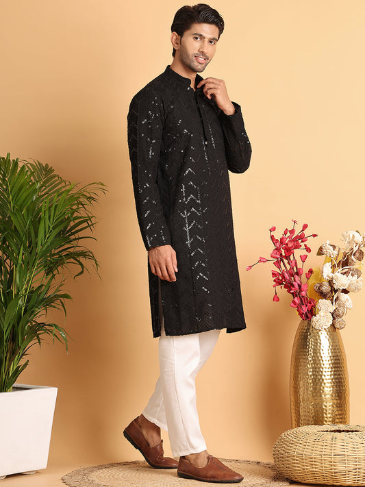 Embroidered Sequined Viscose Straight Kurta Pyjama ( JOKP P 5125Black )