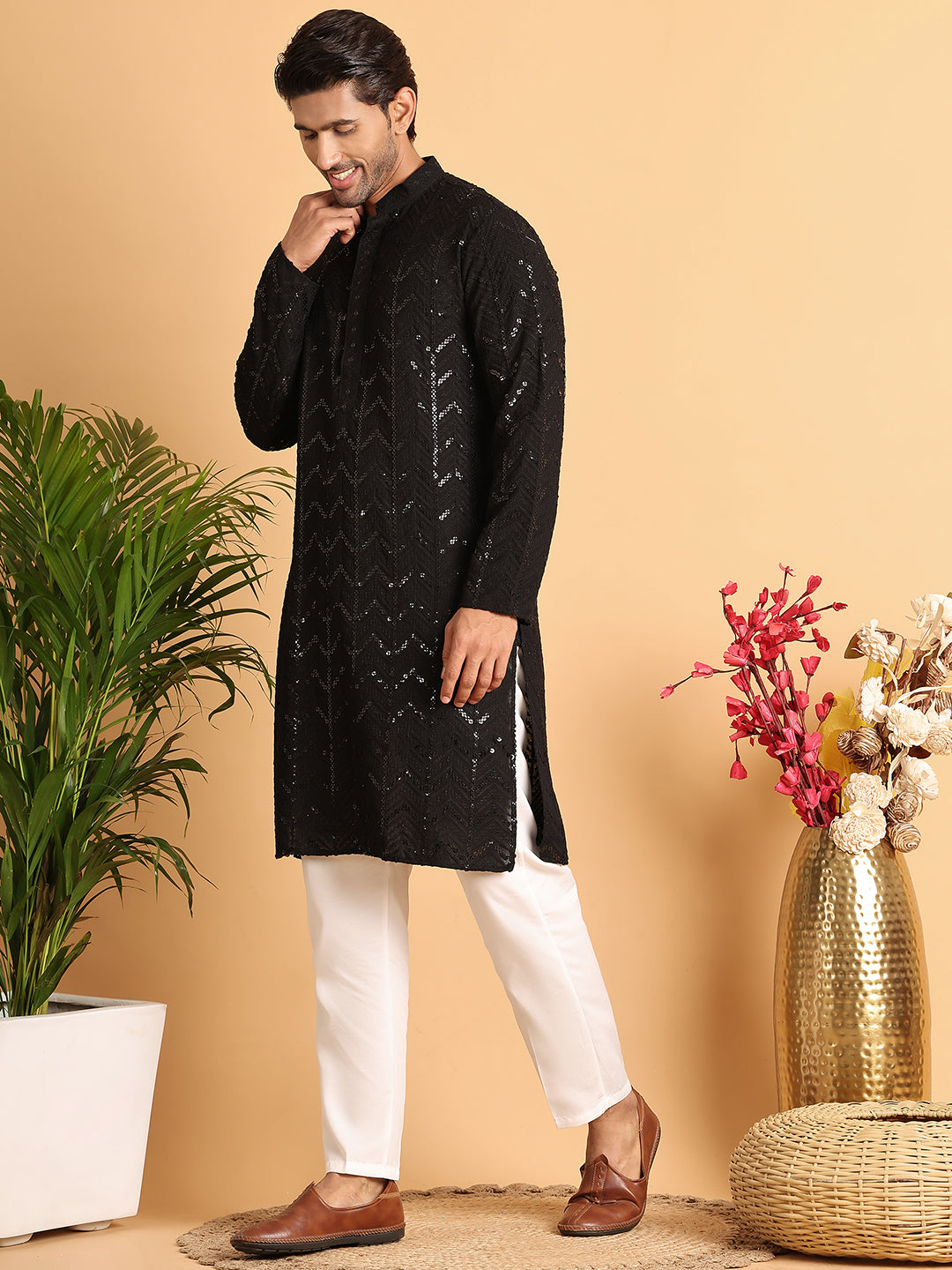 Embroidered Sequined Viscose Straight Kurta Pyjama ( JOKP P 5125Black )