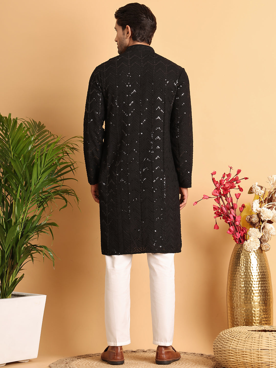 Embroidered Sequined Viscose Straight Kurta Pyjama ( JOKP P 5125Black )
