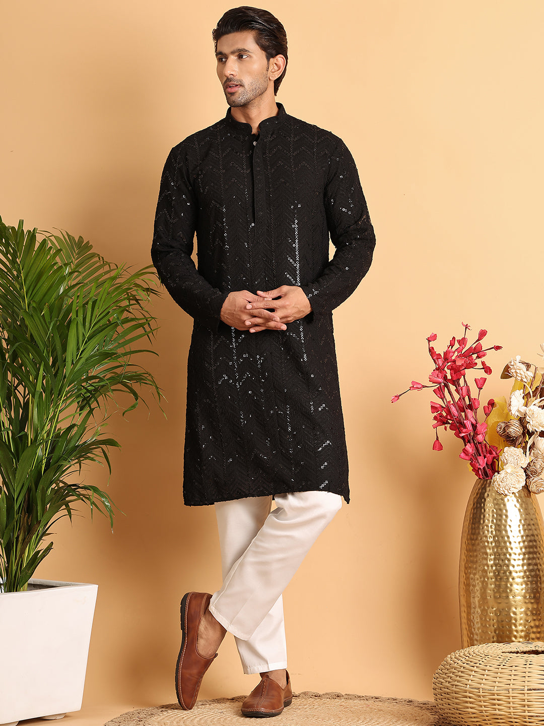 Embroidered Sequined Viscose Straight Kurta Pyjama ( JOKP P 5125Black )