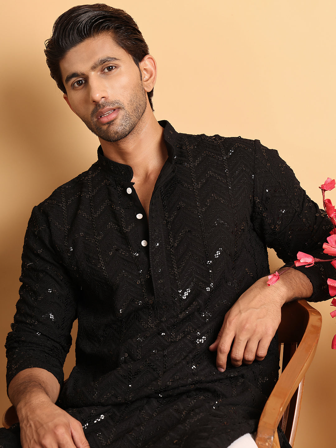 Embroidered Sequined Viscose Straight Kurta Pyjama ( JOKP P 5125Black )