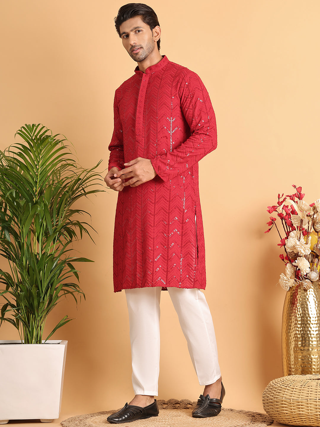 Embroidered Sequined Viscose Straight Kurta Pyjama ( JOKP P 5125Maroon )