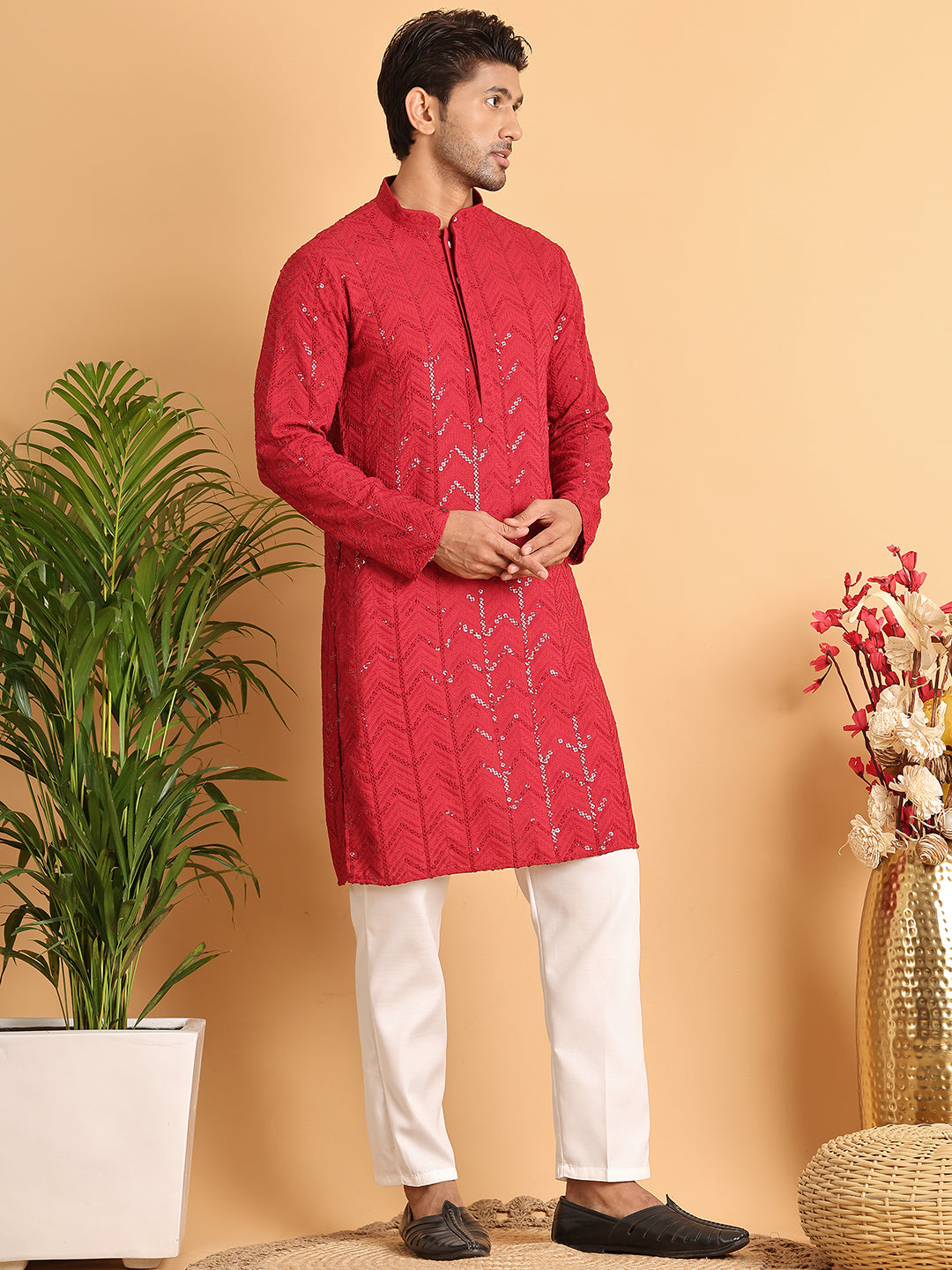 Embroidered Sequined Viscose Straight Kurta Pyjama ( JOKP P 5125Maroon )