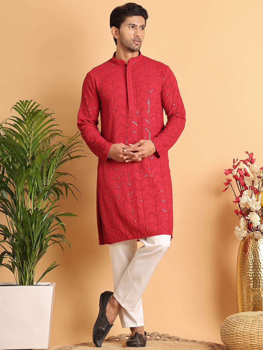 Embroidered Sequined Viscose Straight Kurta Pyjama ( JOKP P 5125Maroon )