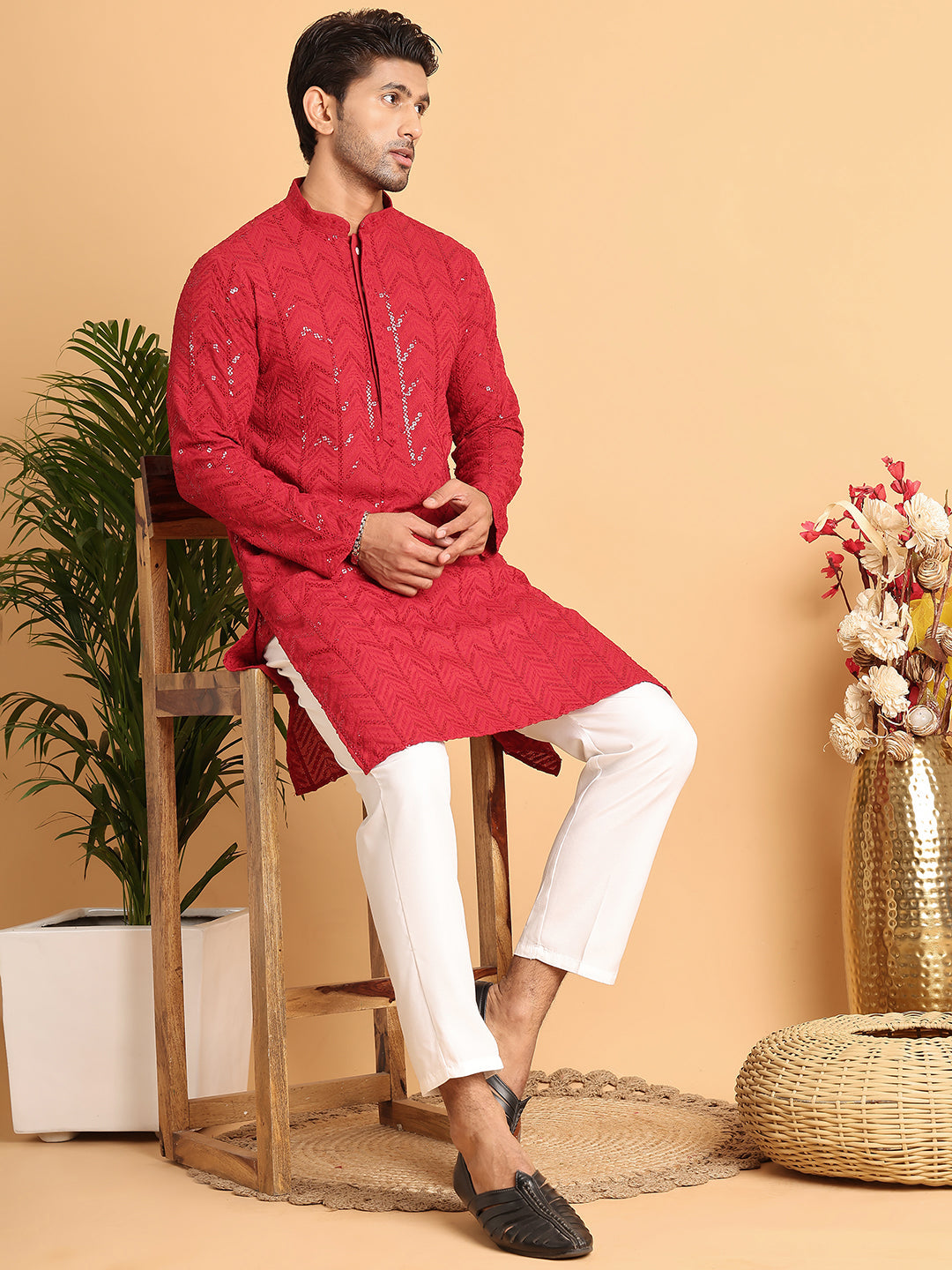 Embroidered Sequined Viscose Straight Kurta Pyjama ( JOKP P 5125Maroon )