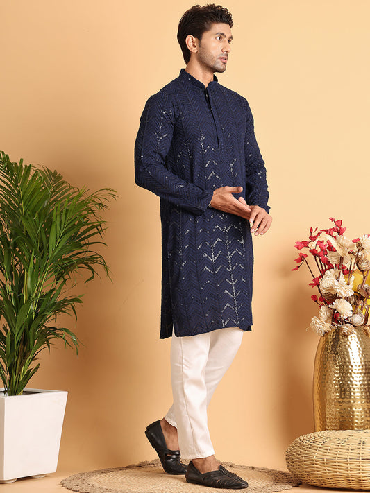 Embroidered Sequined Viscose Straight Kurta Pyjama ( JOKP P 5125Navy )