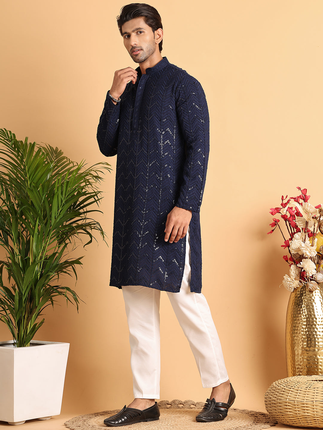 Embroidered Sequined Viscose Straight Kurta Pyjama ( JOKP P 5125Navy )
