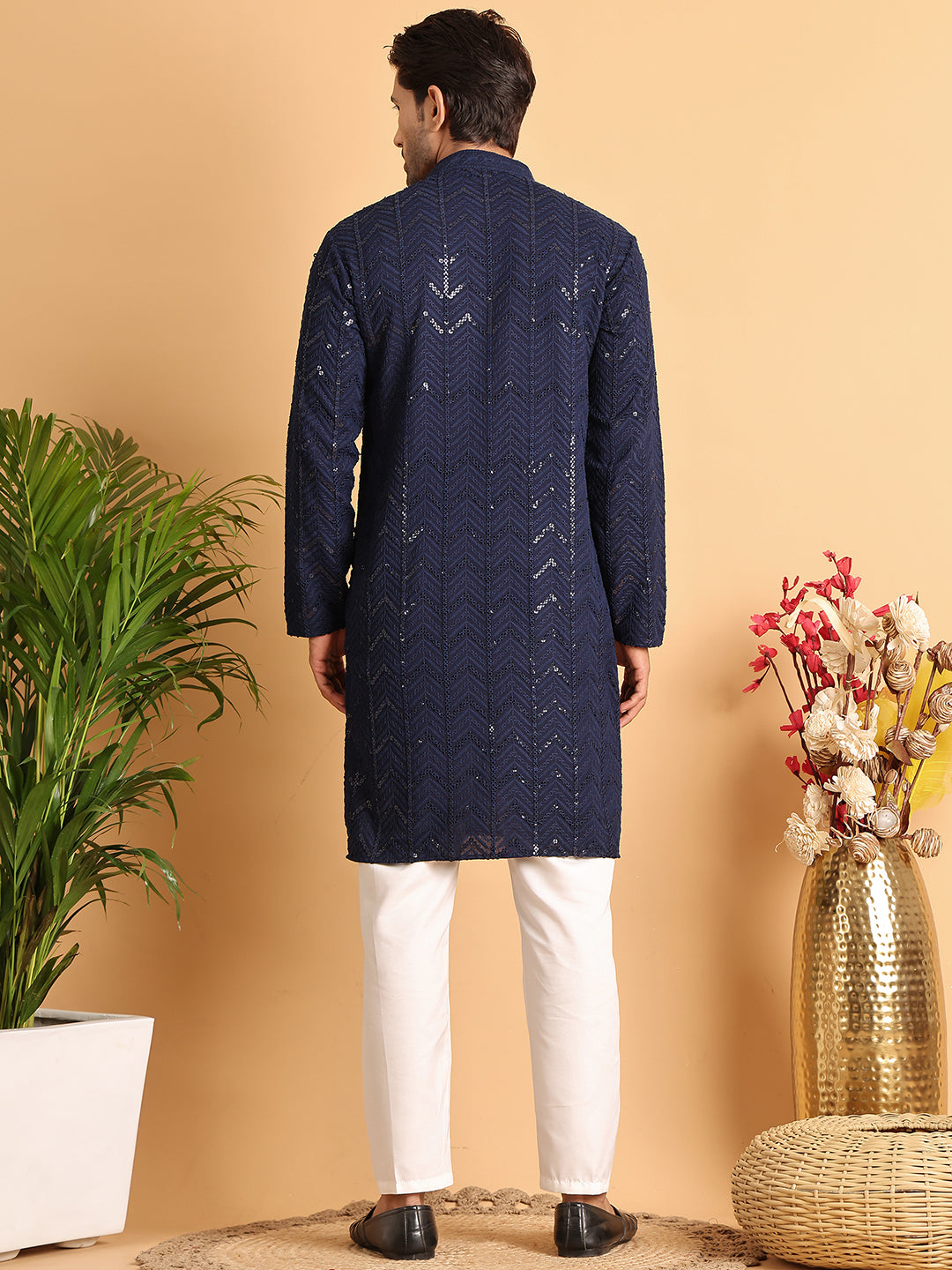 Embroidered Sequined Viscose Straight Kurta Pyjama ( JOKP P 5125Navy )
