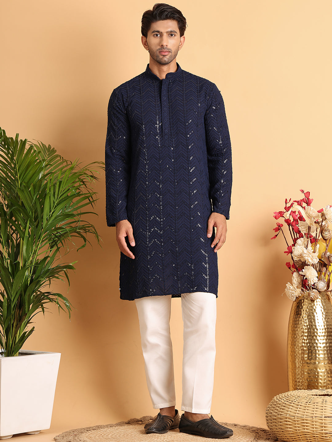Embroidered Sequined Viscose Straight Kurta Pyjama ( JOKP P 5125Navy )