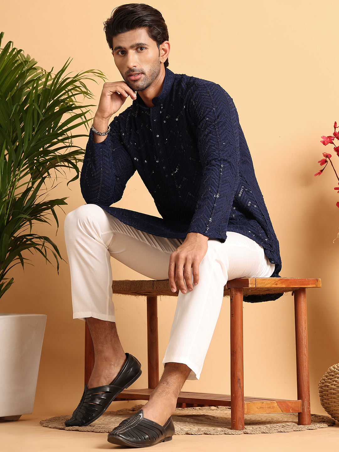 Embroidered Sequined Viscose Straight Kurta Pyjama ( JOKP P 5125Navy )