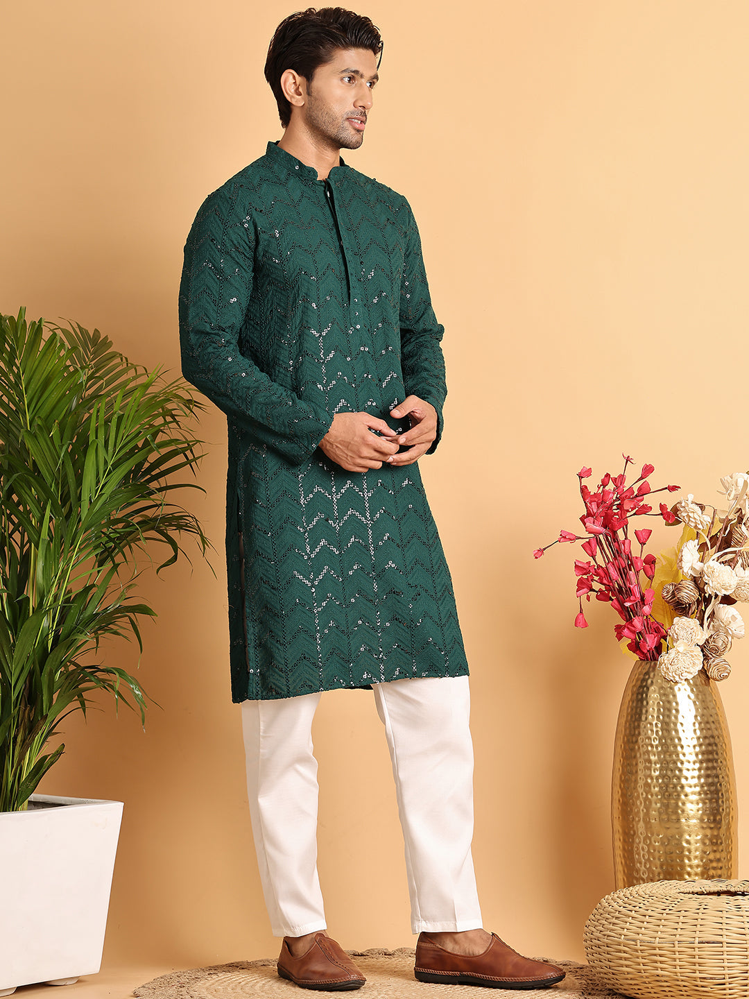 Embroidered Sequined Viscose Straight Kurta Pyjama ( JOKP P 5125Olive ) [FF] [A-9-10]