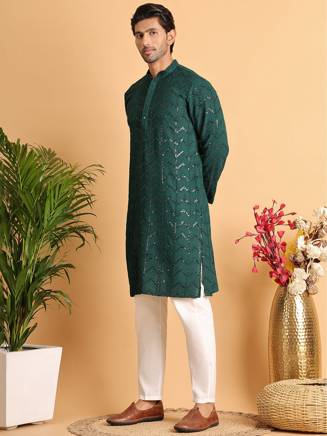 Embroidered Sequined Viscose Straight Kurta Pyjama ( JOKP P 5125Olive ) [FF] [A-9-10]