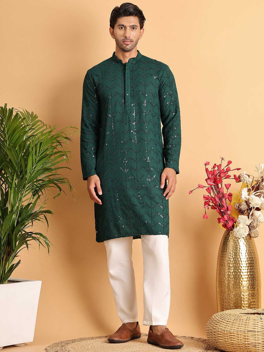 Embroidered Sequined Viscose Straight Kurta Pyjama ( JOKP P 5125Olive ) [FF] [A-9-10]