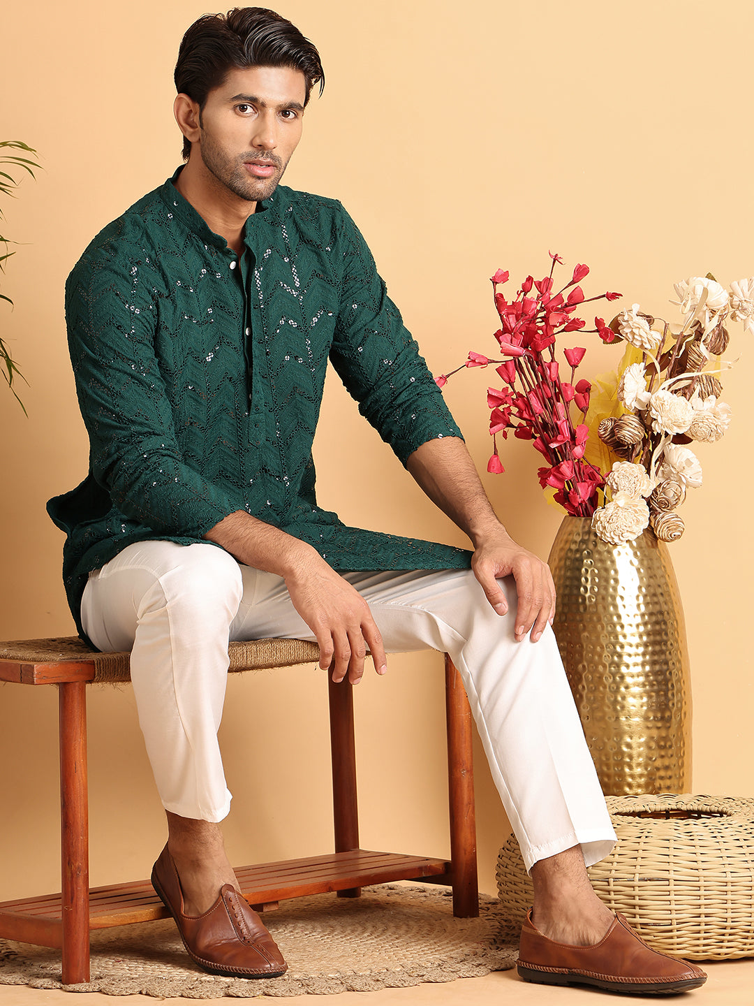Embroidered Sequined Viscose Straight Kurta Pyjama ( JOKP P 5125Olive ) [FF] [A-9-10]