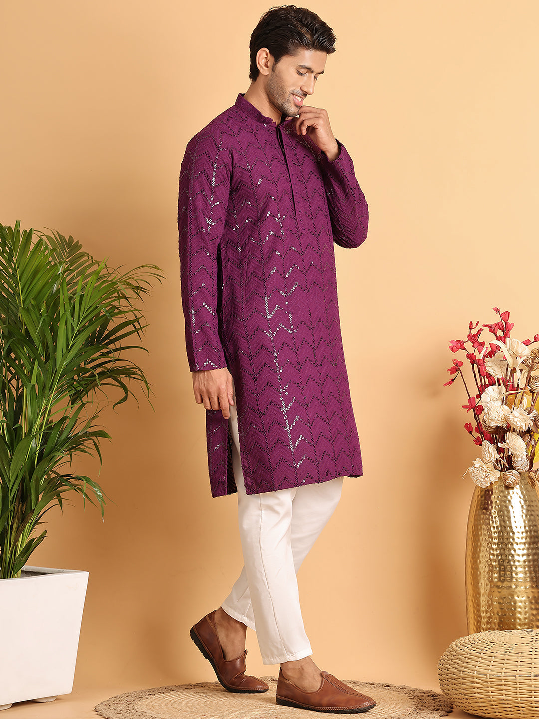 Embroidered Sequined Viscose Straight Kurta Pyjama ( JOKP P 5125Purple )