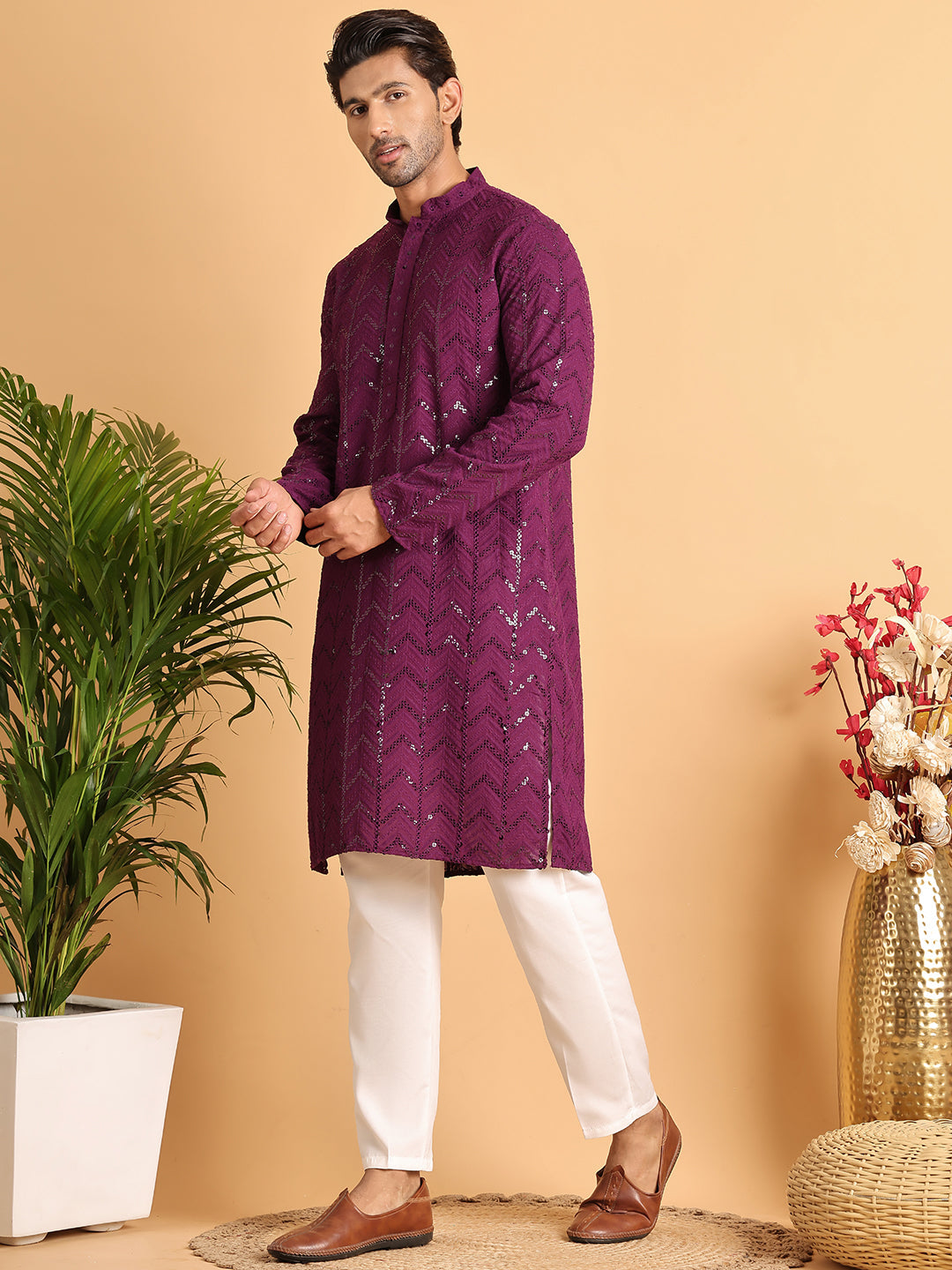 Embroidered Sequined Viscose Straight Kurta Pyjama ( JOKP P 5125Purple )