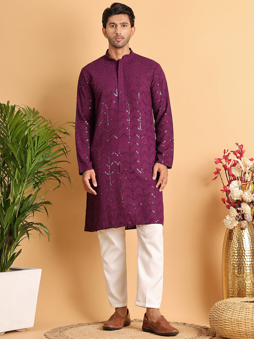 Embroidered Sequined Viscose Straight Kurta Pyjama ( JOKP P 5125Purple )