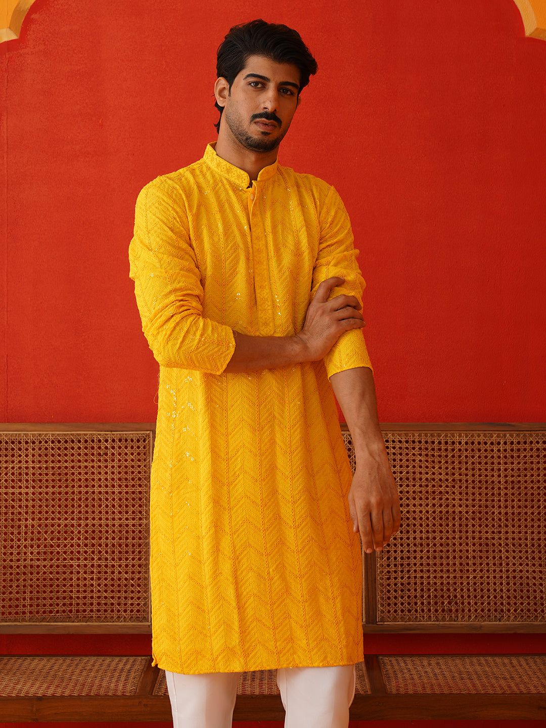 Embroidered Sequined Viscose Straight Kurta Pyjama ( JOKP P 5125Yellow ) [FF] [A-9-10]