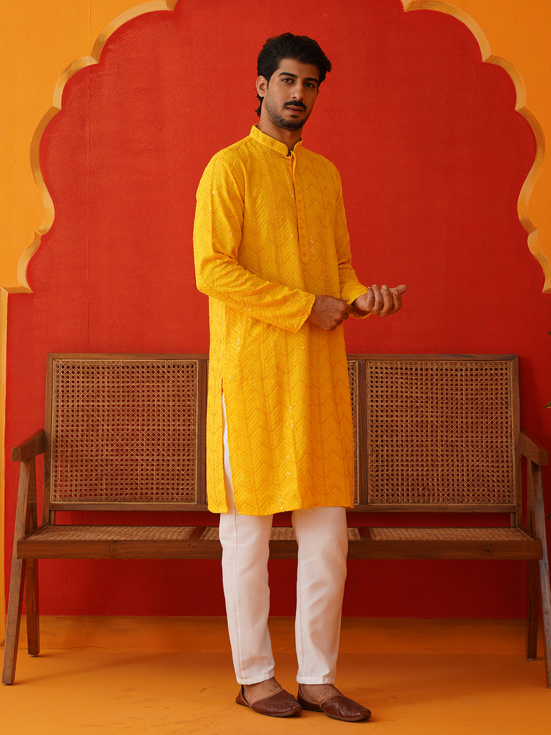 Embroidered Sequined Viscose Straight Kurta Pyjama ( JOKP P 5125Yellow ) [FF] [A-9-10]