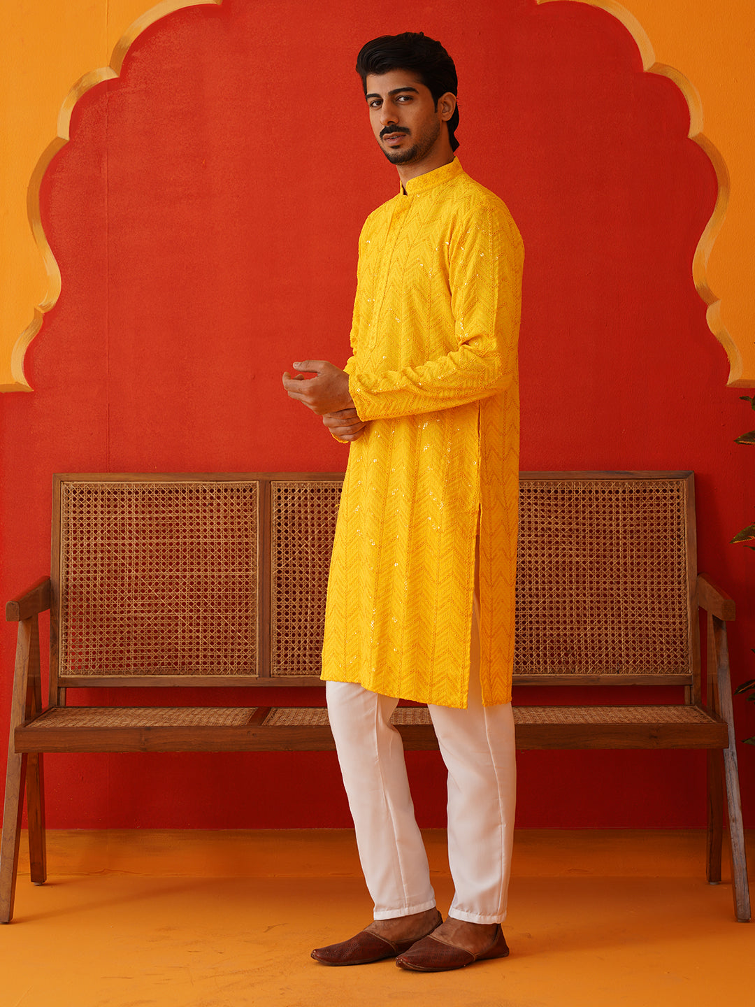 Embroidered Sequined Viscose Straight Kurta Pyjama ( JOKP P 5125Yellow ) [FF] [A-9-10]