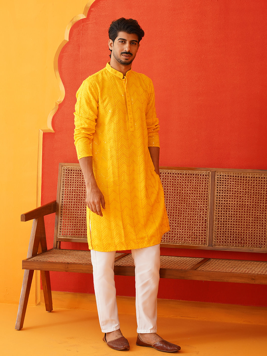 Embroidered Sequined Viscose Straight Kurta Pyjama ( JOKP P 5125Yellow ) [FF] [A-9-10]