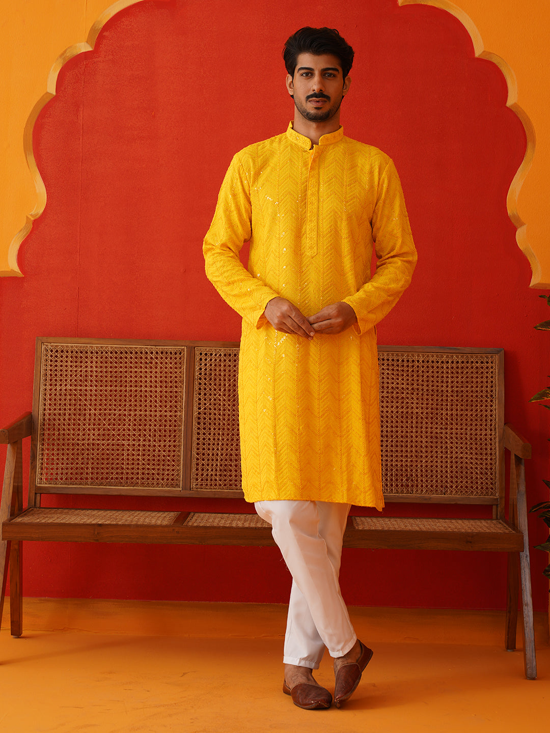 Embroidered Sequined Viscose Straight Kurta Pyjama ( JOKP P 5125Yellow ) [FF] [A-9-10]