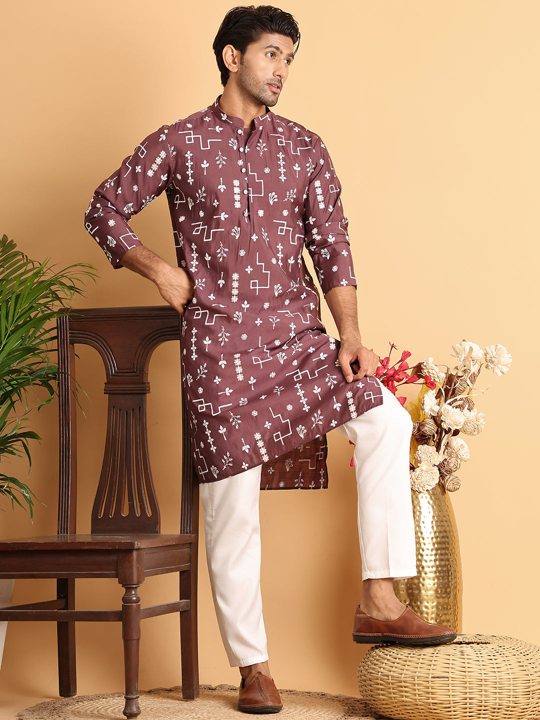 Embroidered Silk Blend Straight Kurta Pyjama ( JOKP P 5126Brown )