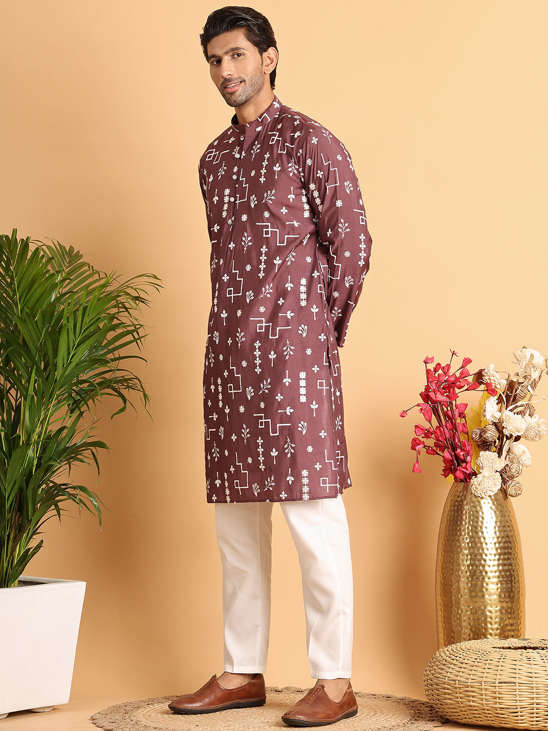 Embroidered Silk Blend Straight Kurta Pyjama ( JOKP P 5126Brown )