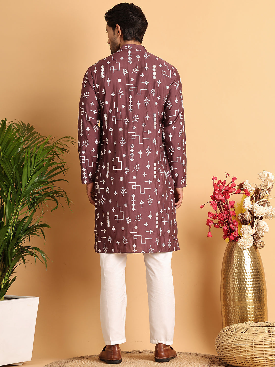 Embroidered Silk Blend Straight Kurta Pyjama ( JOKP P 5126Brown )