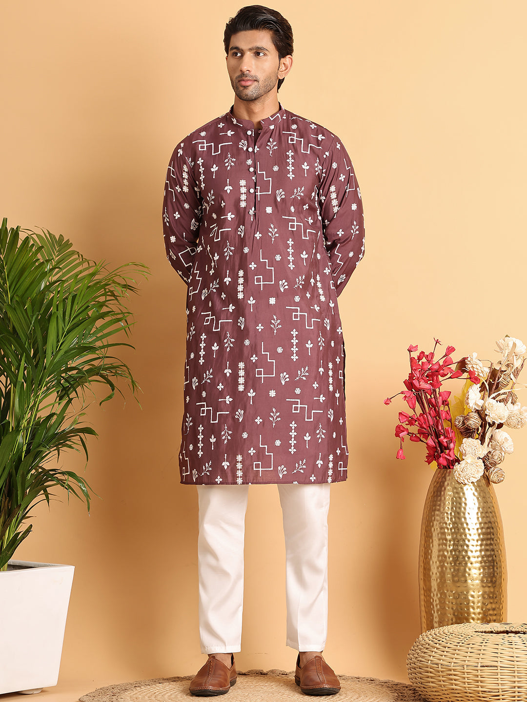 Embroidered Silk Blend Straight Kurta Pyjama ( JOKP P 5126Brown )