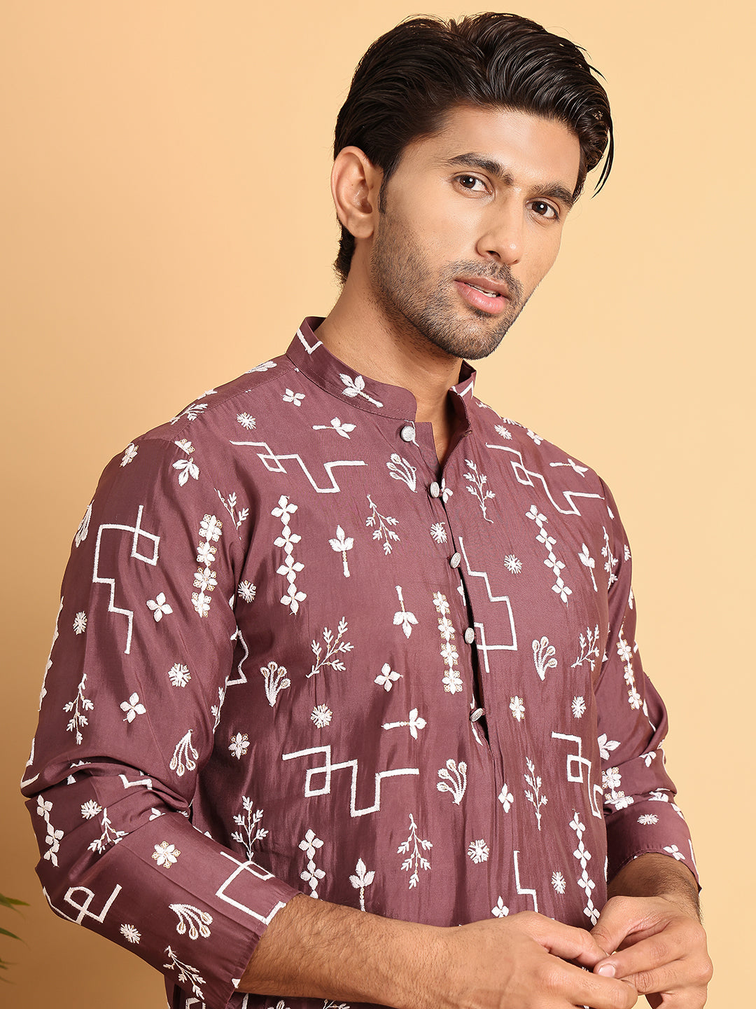 Embroidered Silk Blend Straight Kurta Pyjama ( JOKP P 5126Brown )