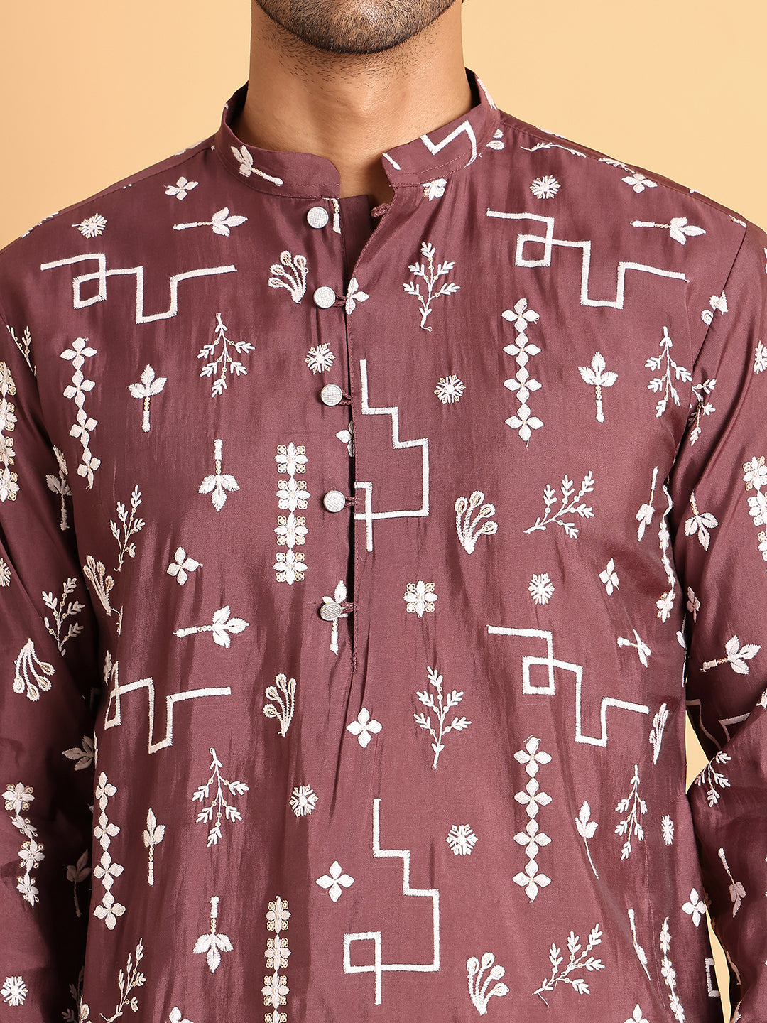 Embroidered Silk Blend Straight Kurta Pyjama ( JOKP P 5126Brown )