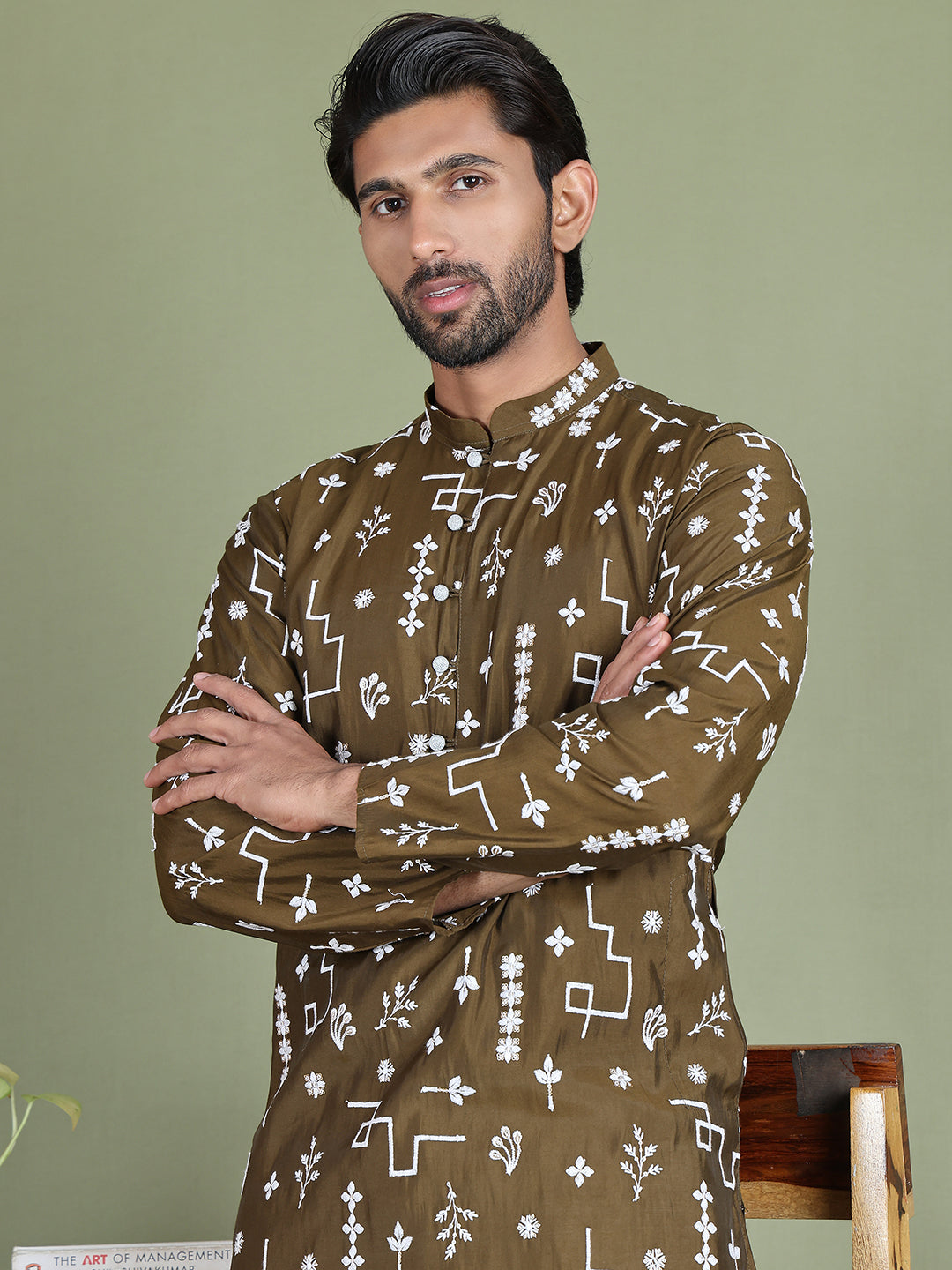 Embroidered Silk Blend Straight Kurta Pyjama ( JOKP 5126Mehndi )