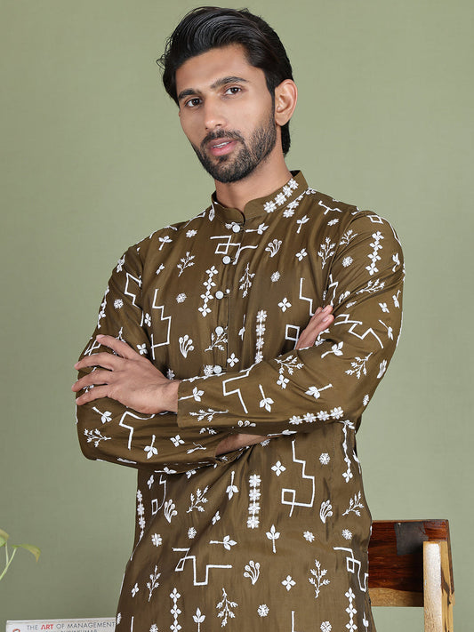 Embroidered Silk Blend Straight Kurta Pyjama ( JOKP 5126Mehndi )