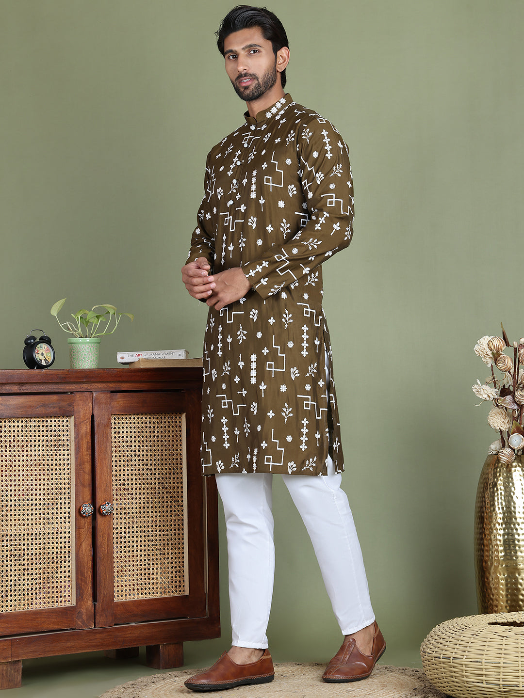Embroidered Silk Blend Straight Kurta Pyjama ( JOKP 5126Mehndi )