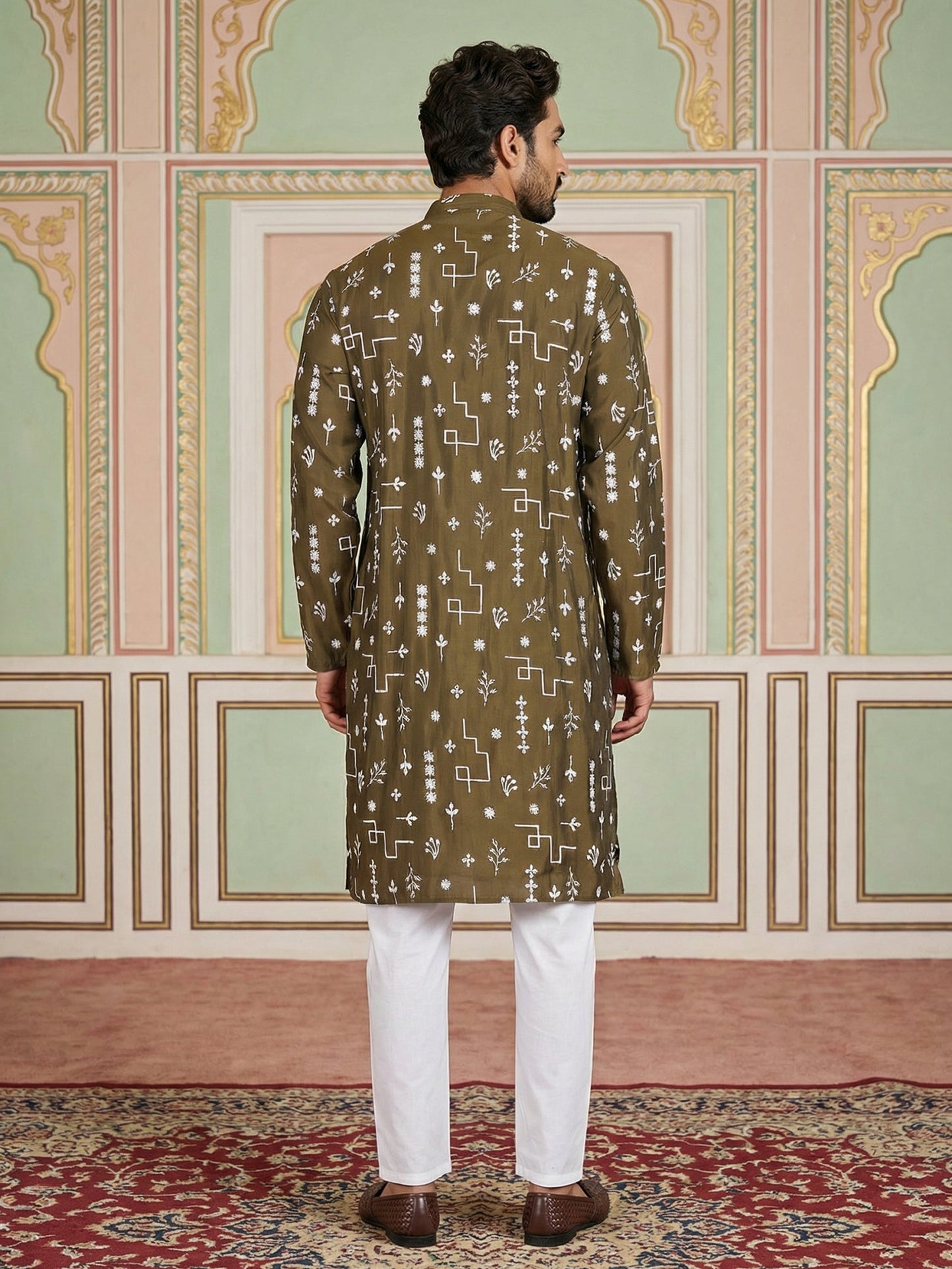 Embroidered Silk Blend Straight Kurta Pyjama ( JOKP P 5126Mehndi ) [FF] [F8]