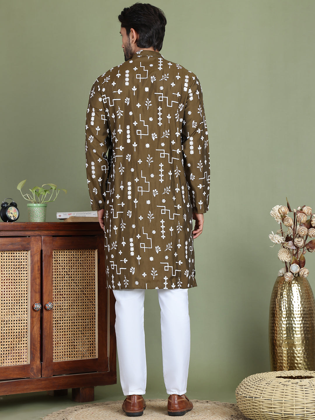 Embroidered Silk Blend Straight Kurta Pyjama ( JOKP 5126Mehndi )