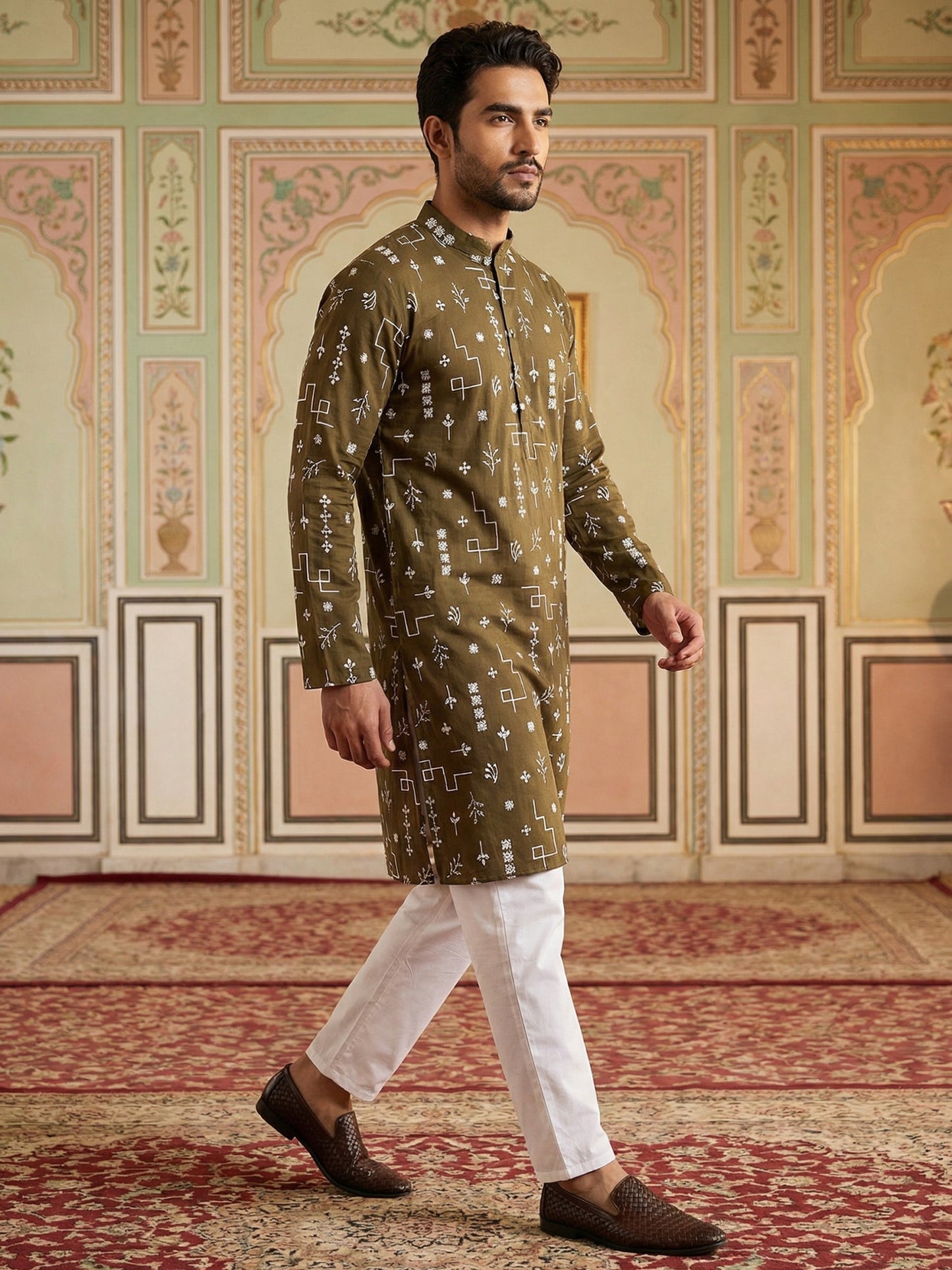 Embroidered Silk Blend Straight Kurta Pyjama ( JOKP P 5126Mehndi ) [FF] [F8]